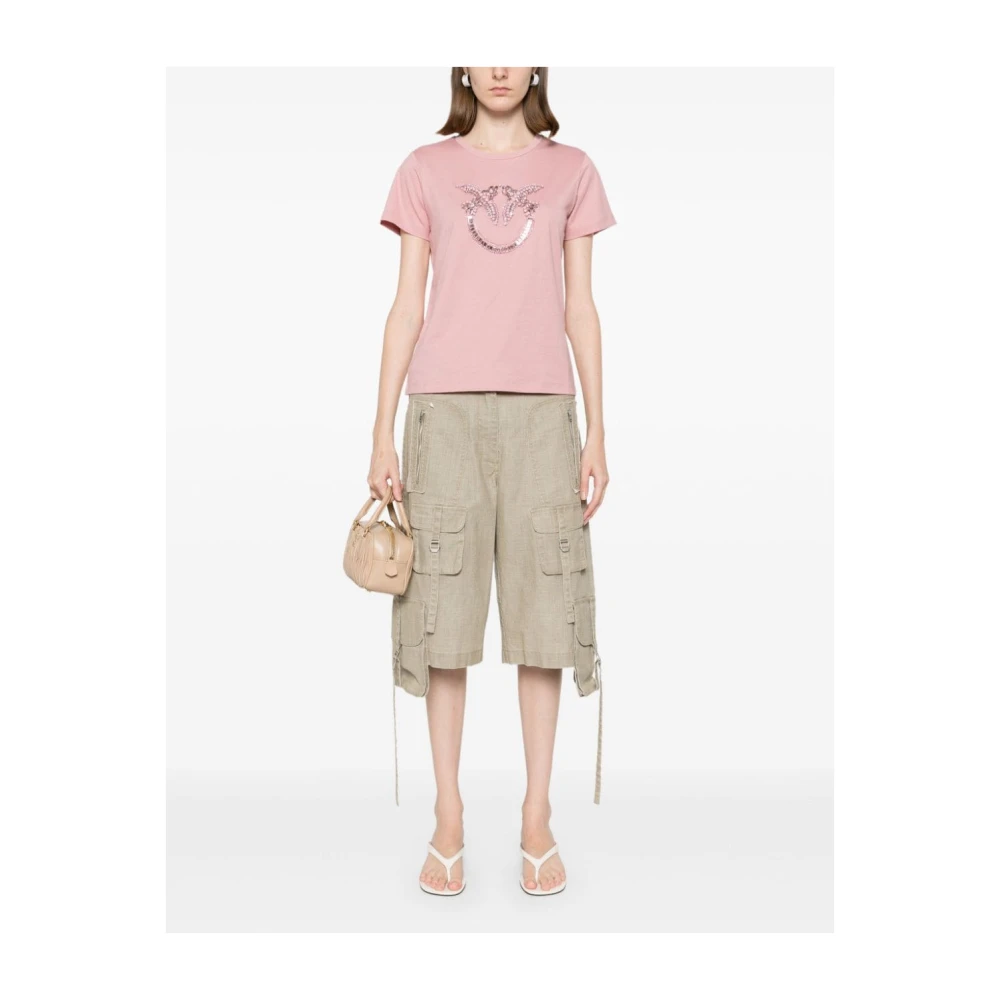 pinko Love Birds Geborduurd Jersey T-shirt Pink Dames