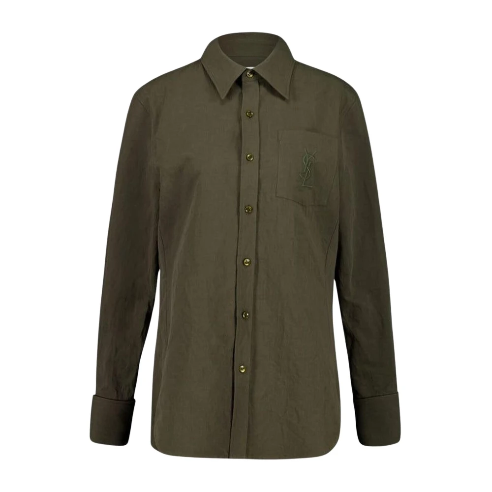 Saint Laurent Women's Green Embroidered Logo Cotton Shirt - Shirts - M - Blouses & Shirts