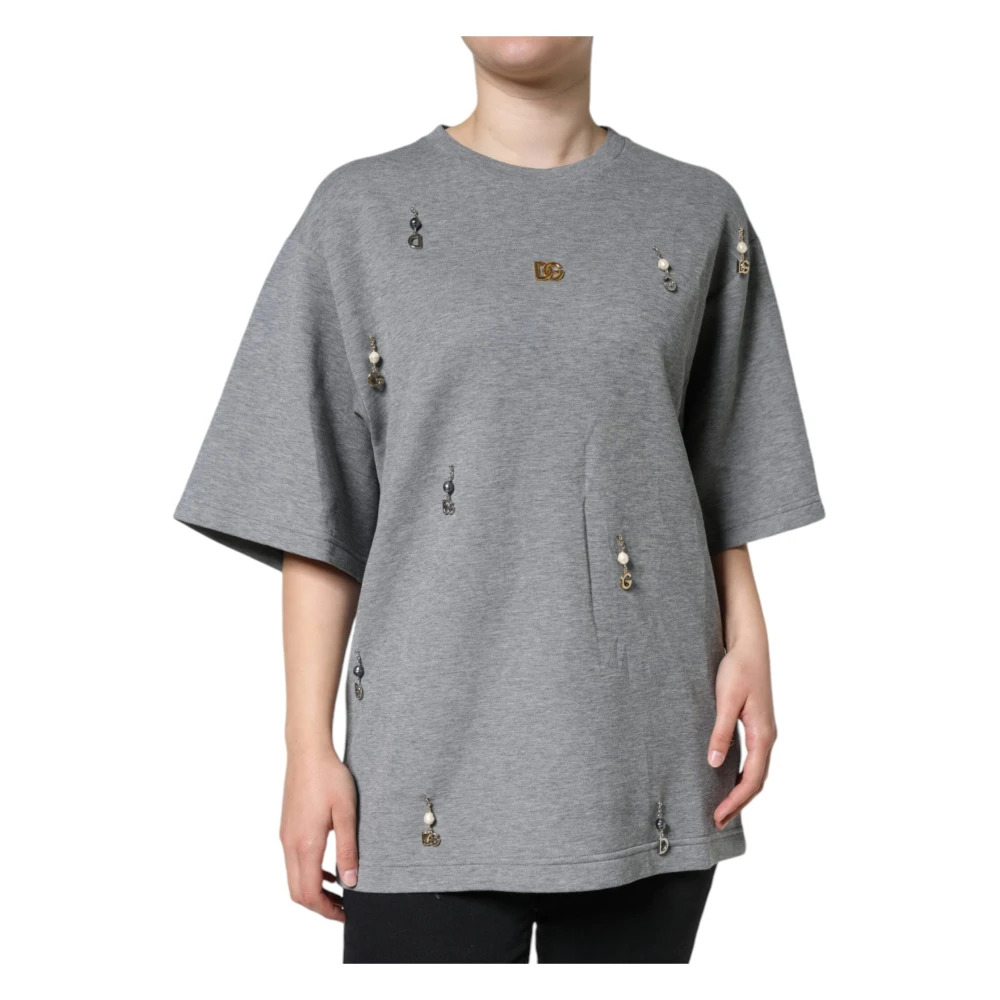 Dolce & Gabbana Vrouw Grijs Tops Dames, S, Katoen, Versierd Ronde Hals T-Shirt