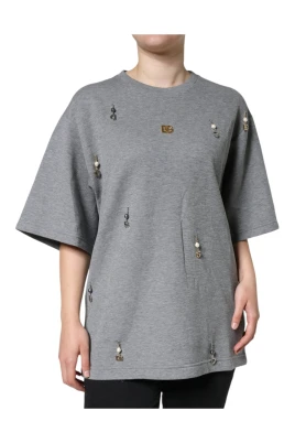 Grå utsmyckad rund hals t-shirt