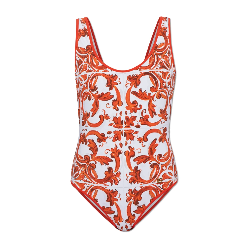 Dolce & Gabbana Vrouw Oranje Badmode Dames, 2XL, Zwemoutfit Met Majolica-Print