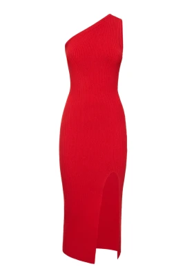 Ribbstickad Stretch Viscose Crepe Asymmetrisk Klänning med Slits