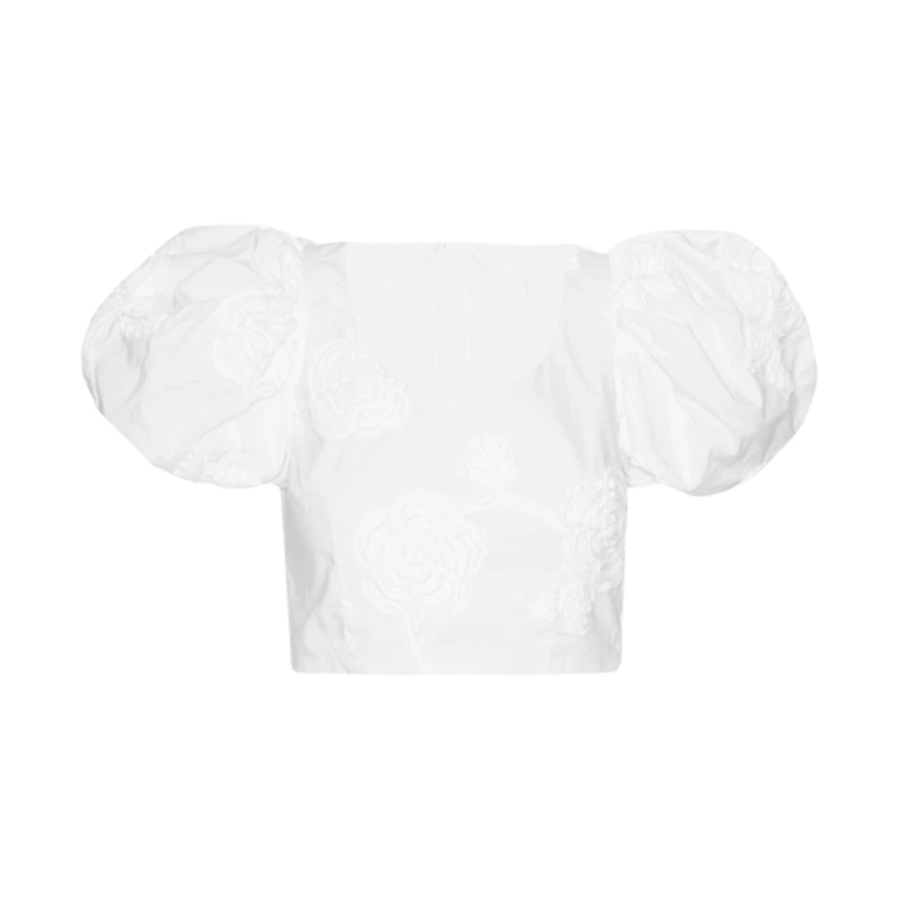 Rotate Birger Christensen Women's White Blouses, Xs, Cotton Puff Sleeve Embroidered Top