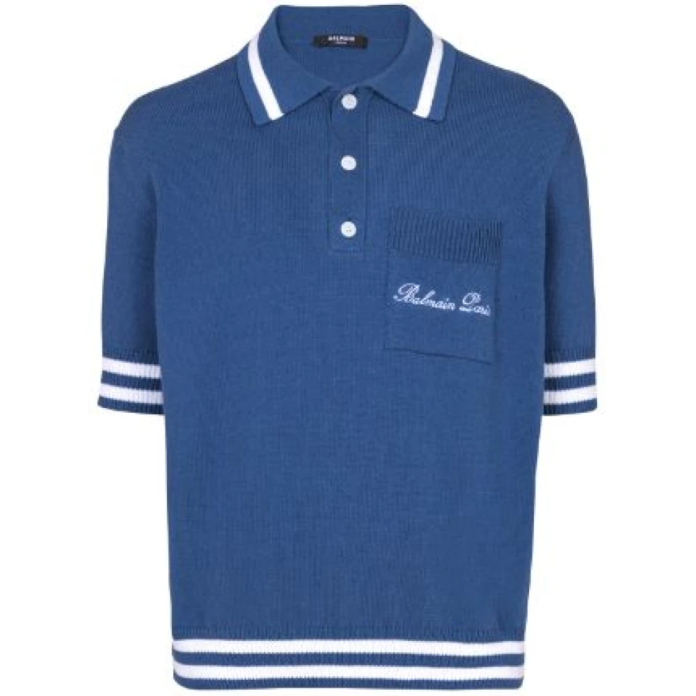 Balmain Blå Knäppt Polo Skjorta Kort Ärm Blue, Herr