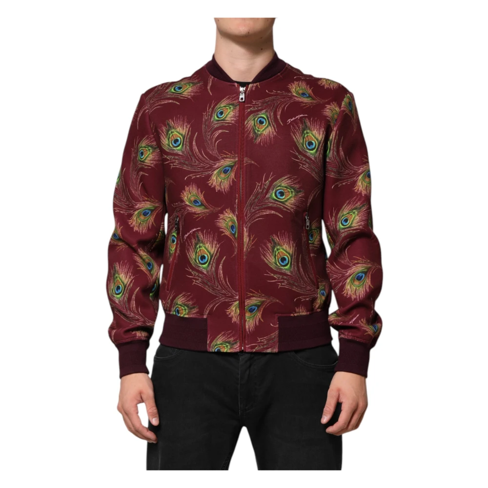 Dolce & Gabbana Men's Maroon Peacock Feather Print Bomber Jacket