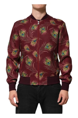 Maroon Peacock Feather Print Bomber Jacket