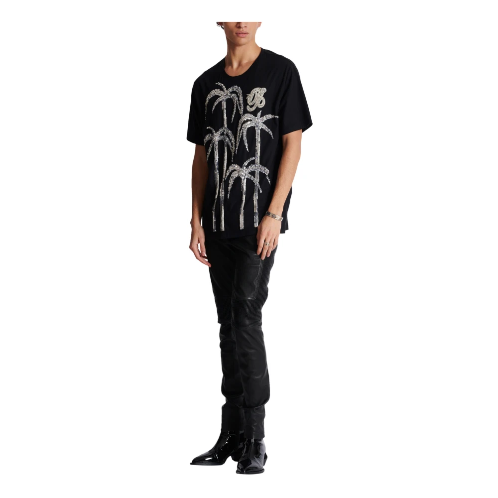 Balmain Palmboom geborduurd T-shirt Black Heren