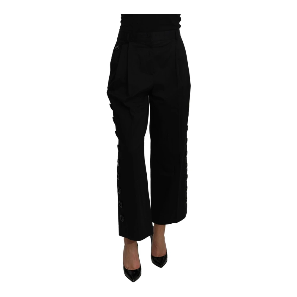 Dolce & Gabbana Women's Black High Waist Cropped Trousers With Logo Details - Cropped Trousers - S - Trousers