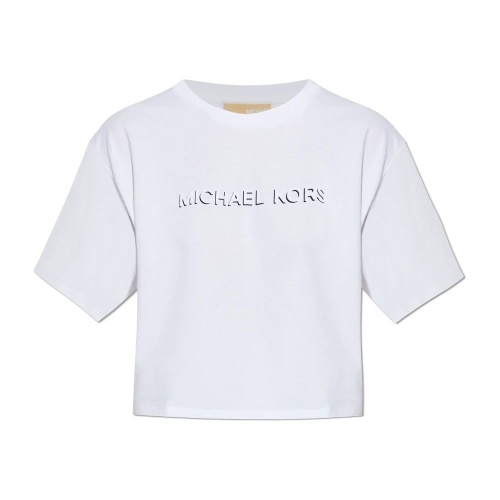 Michael Kors Women's White T-Shirts, S, Logo Embossed Cotton T-Shirt
