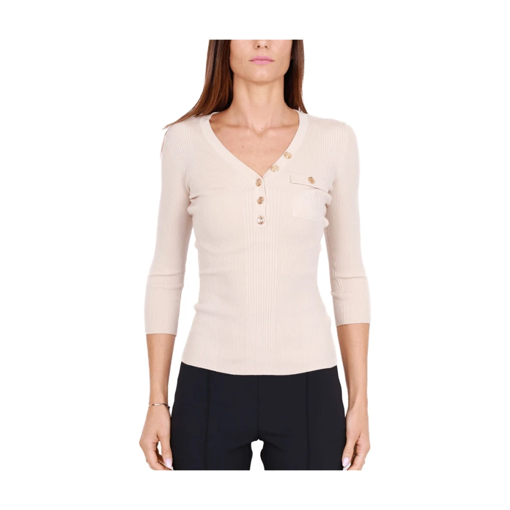 Elisabetta Franchi Beige Zijden V-Hals Geribbelde Jersey Top Beige Dames