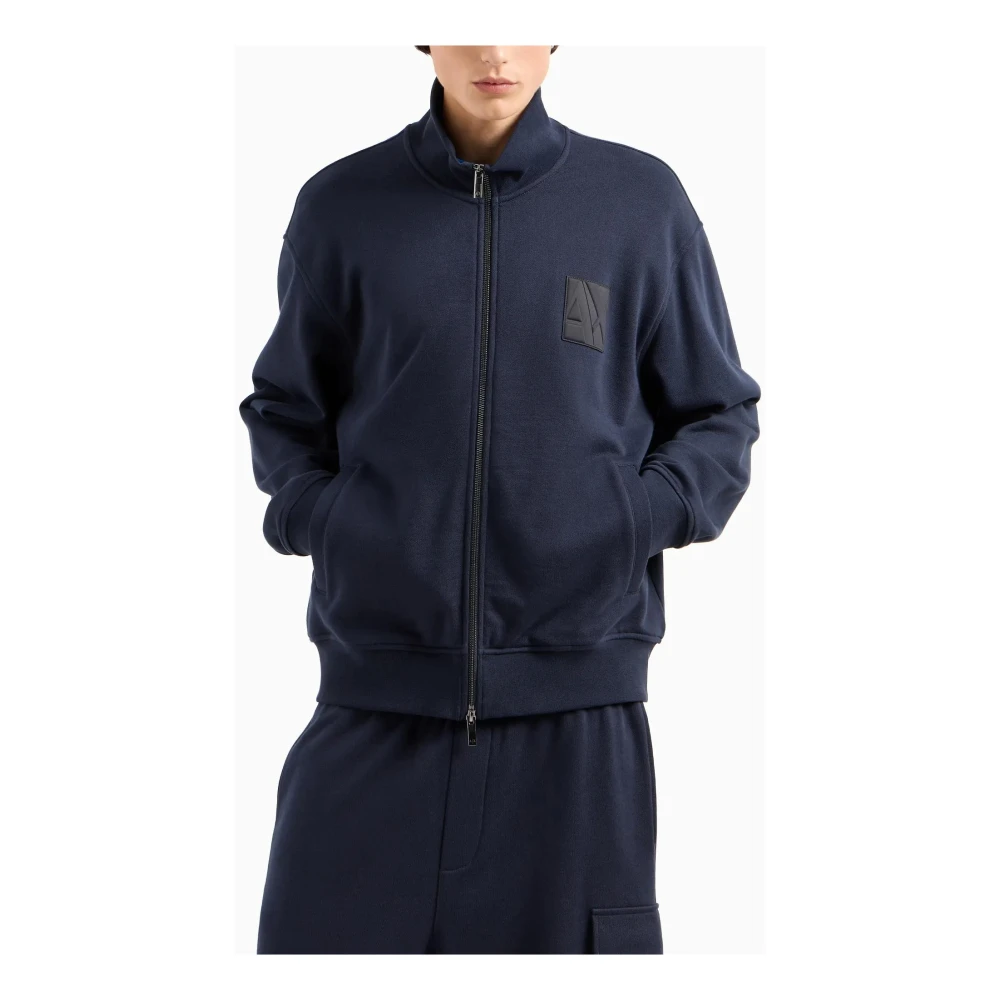 Armani Exchange Blauwe Sweater met Hoge Hals Lange Mouwen en Ritssluiting Logo Blue Heren