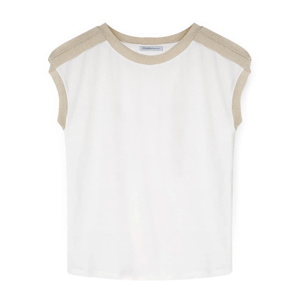 Motivi Satin T-shirt med Lurex Trim White, Dam