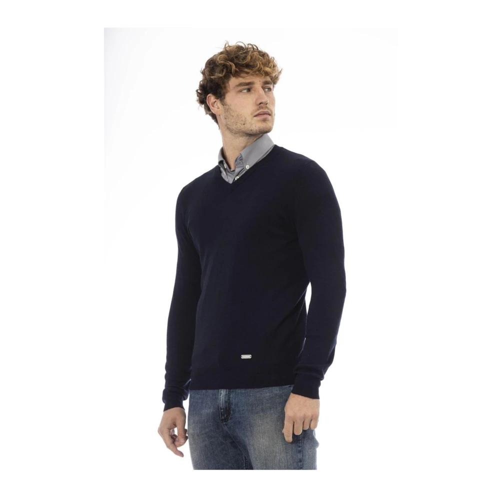 Baldinini Blauwe wollen trui met V-hals Blue Heren