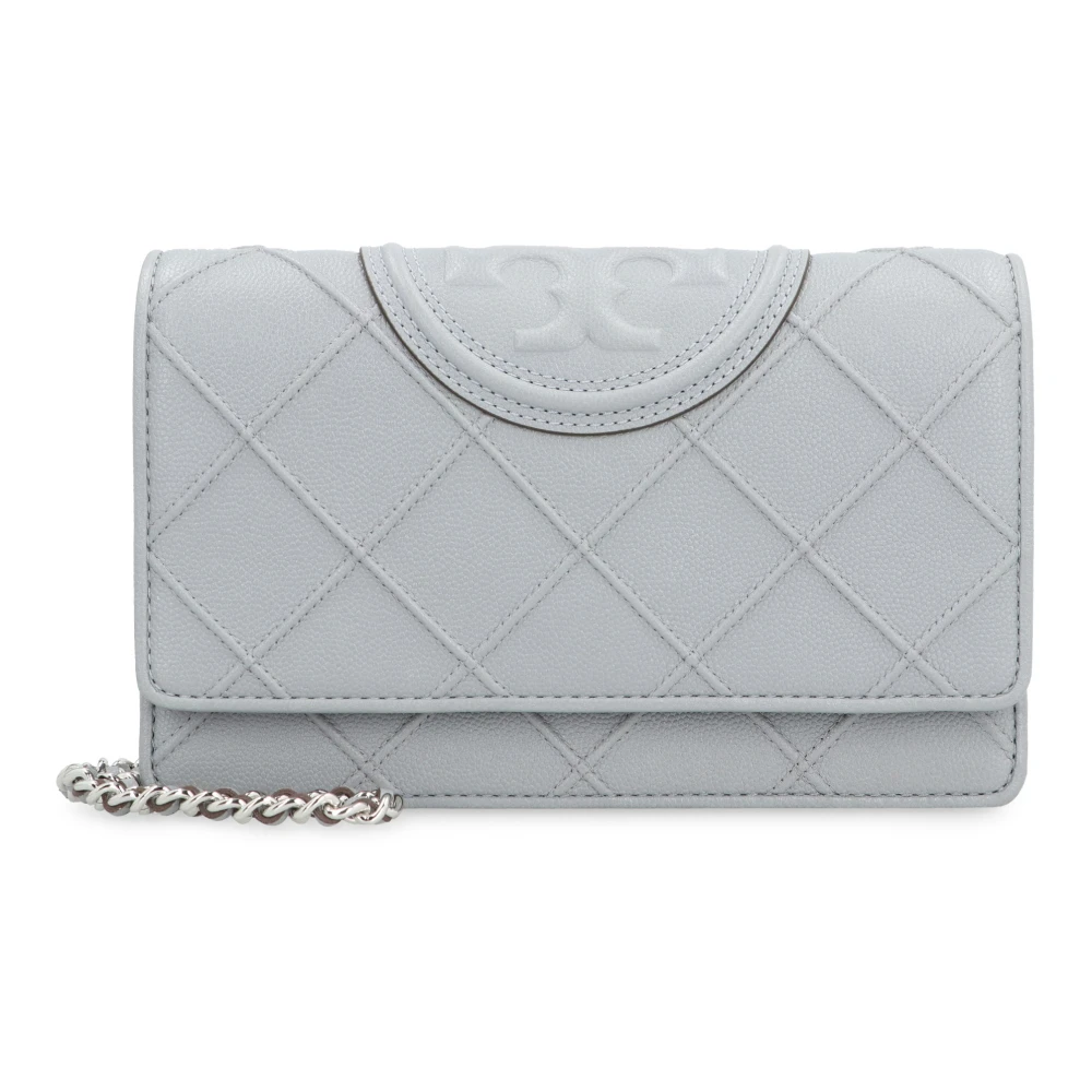 TORY BURCH Geëmbosseerde leren portemonnee met ketting Gray Dames