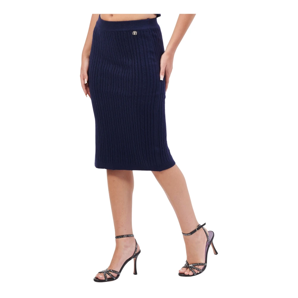 Fracomina Blauwe Gebreide Midi Rok met Zijsplit Blue Dames