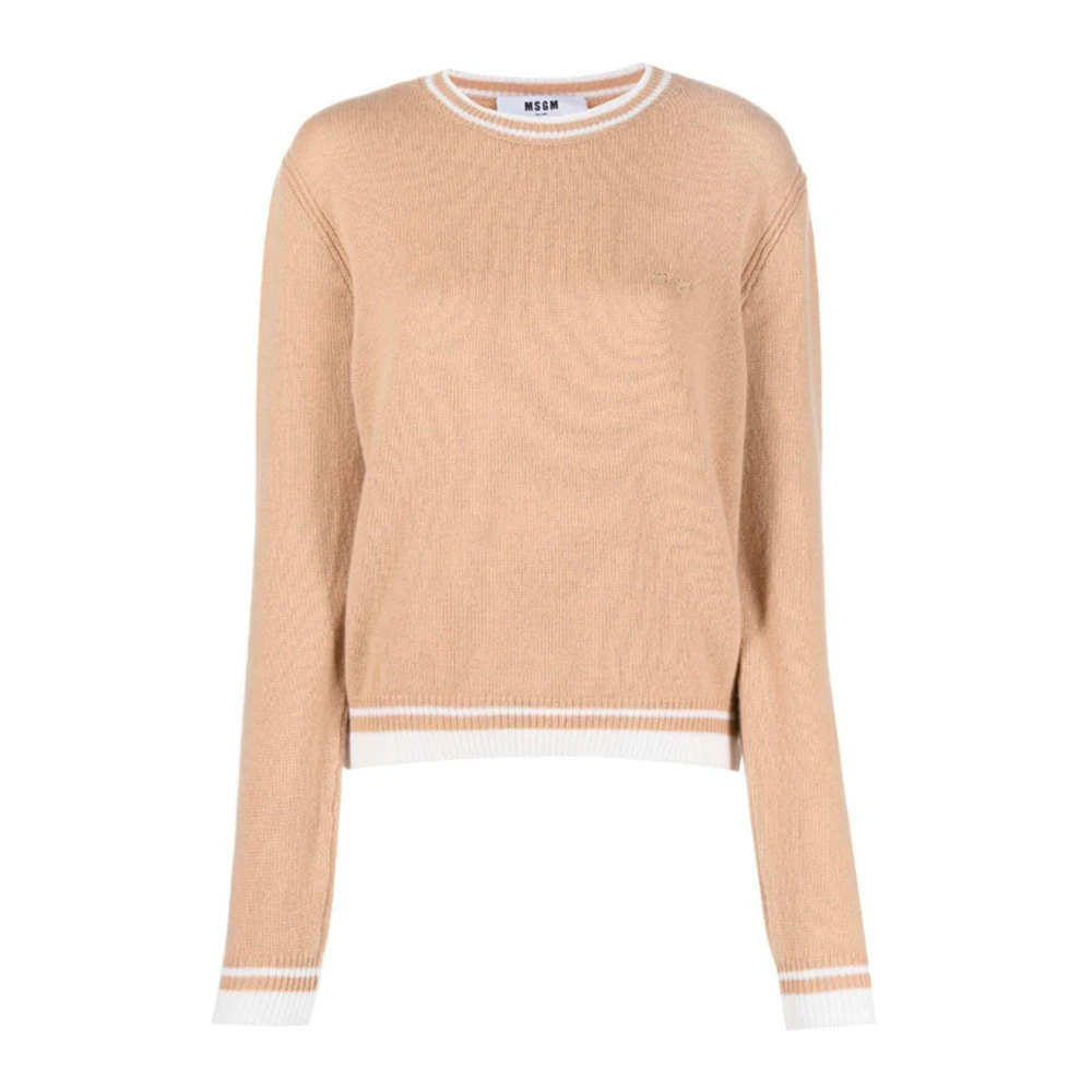 Msgm Women's Beige Round-Neck Knitwear, L, Jumper With Contrasting Edges