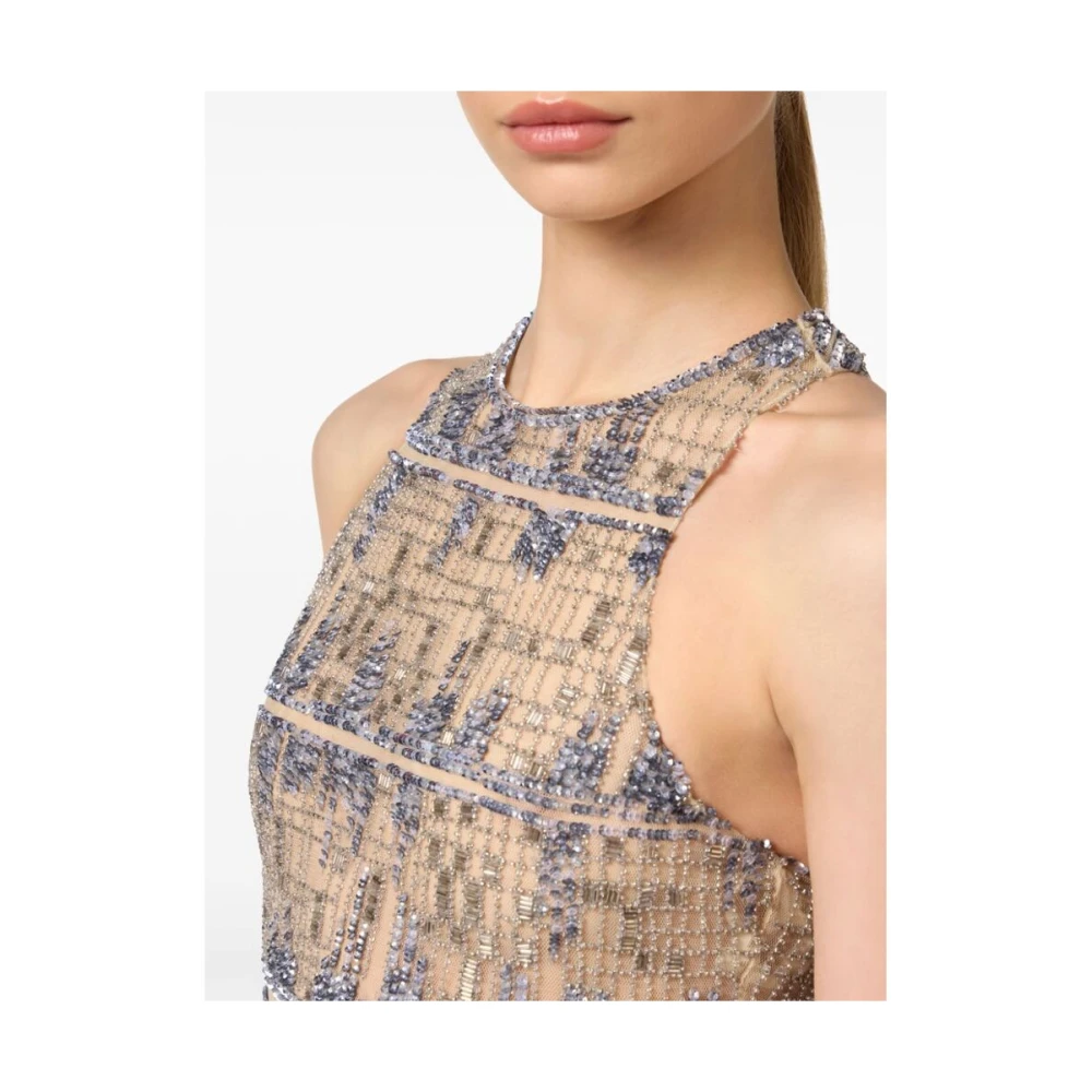 Elisabetta Franchi Pixel-Patroon Pailletten Tule Jurk Beige Dames