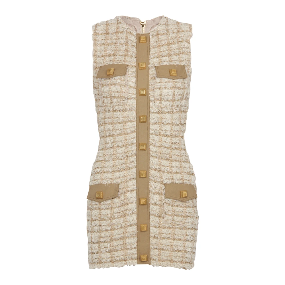 Balmain Beige Sleeveless Tweed Short Dress - Female - Short Dresses - M - Dresses