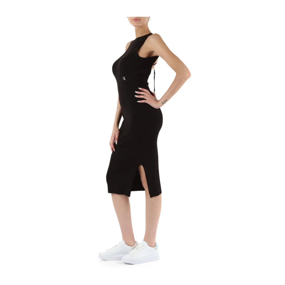 Calvin Klein Jeans Geribbelde midi jurk met logo borduurwerk Black Dames