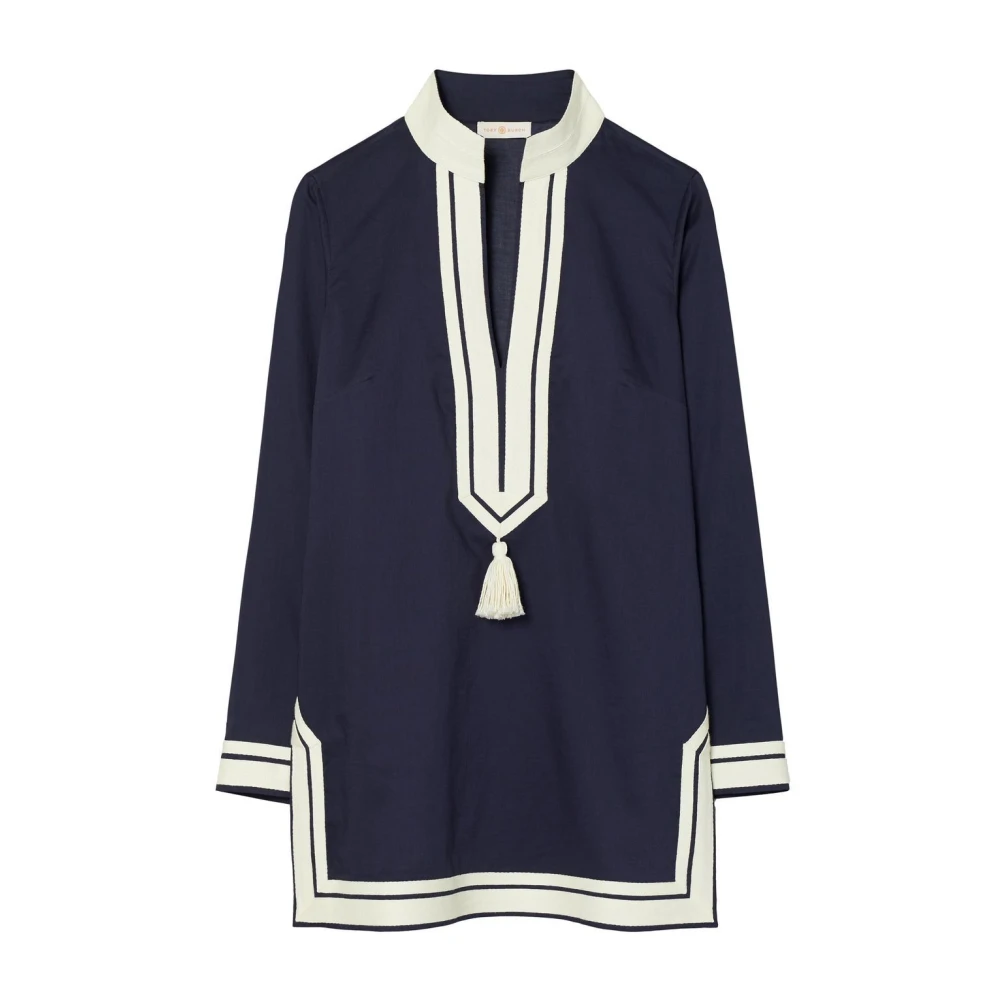 TORY BURCH Blauw Katoen U-Hals Shirt Kwast Blue Dames