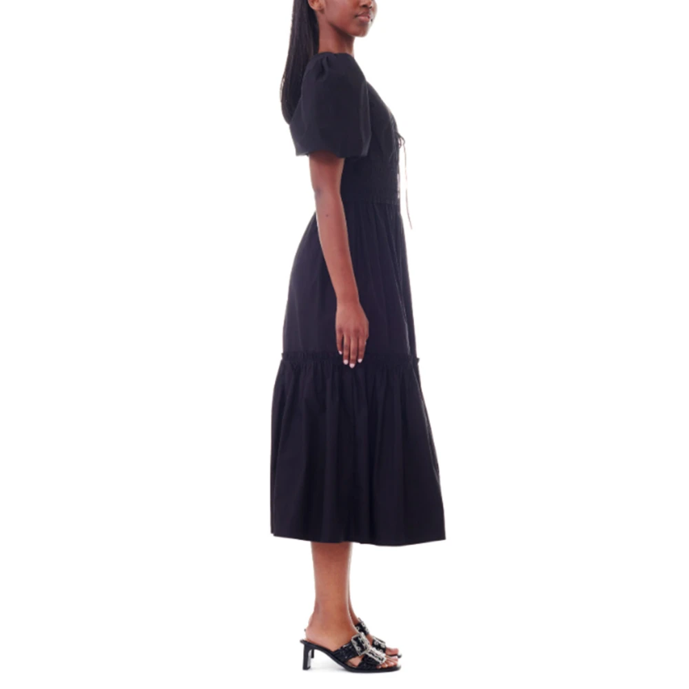 Ganni Zwarte Katoenen V-Hals Jurk Black Dames