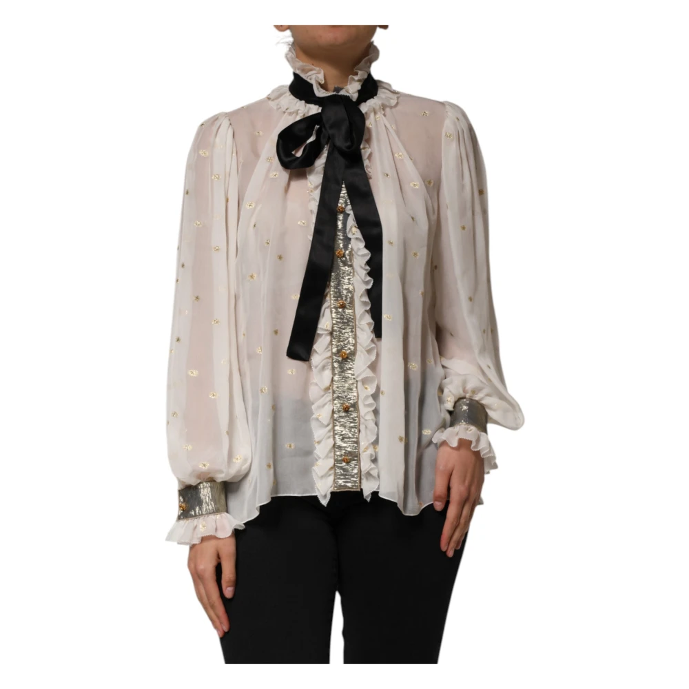 Dolce & Gabbana Donna Bianco Blusa In Seta A Maniche Lunghe Con Colletto Ascot