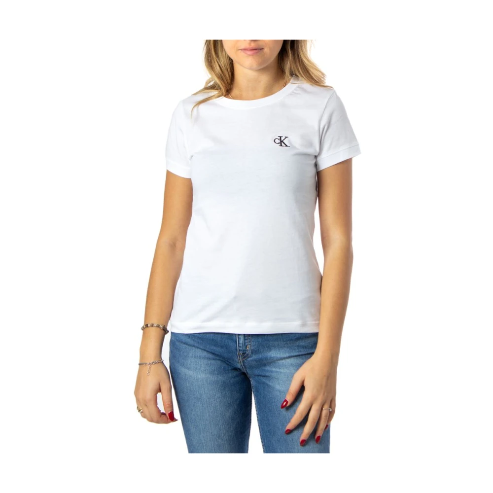 Calvin Klein Jeans Women's White Cotton Slim Tee With Ck Embroidery Extra Small