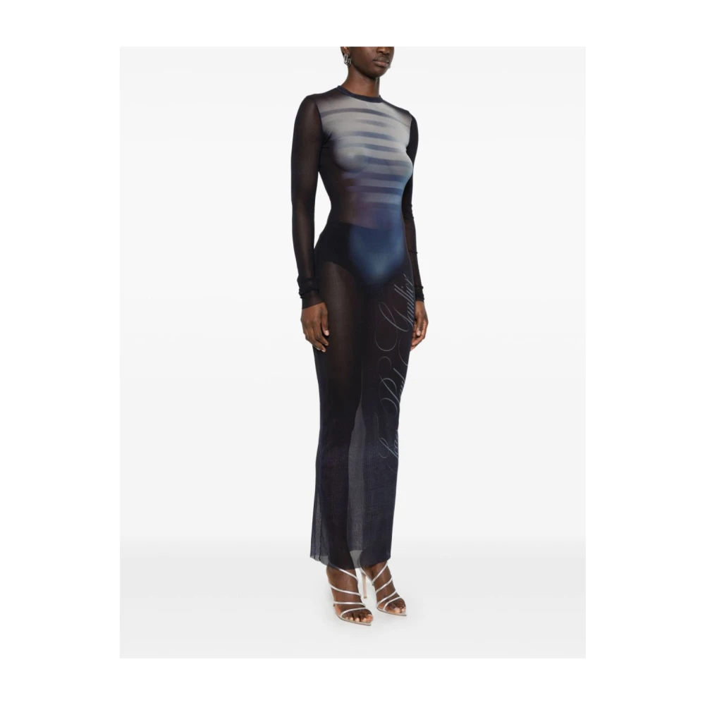 Jean Paul Gaultier Gedrukte Mesh Crew Neck Lange Jurk Blue Dames