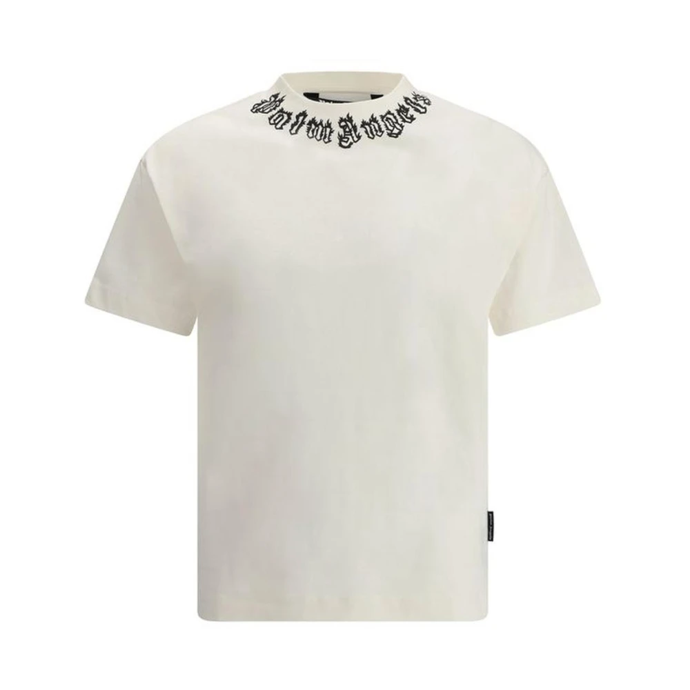 Palm Angels Geborduurde Kraag T-Shirt Monochroom Patroon White Heren