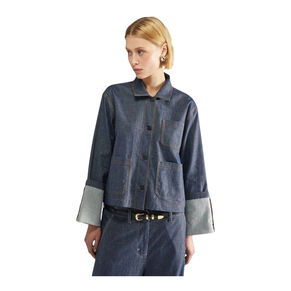 Liviana Conti Blauwe Denim Effect Jas van Katoen en Linnen Blue Dames