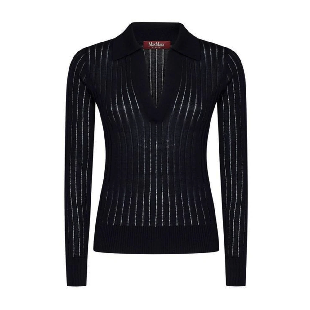 Max Mara Studio Geribbelde V-hals trui Zijde Wol Black Dames