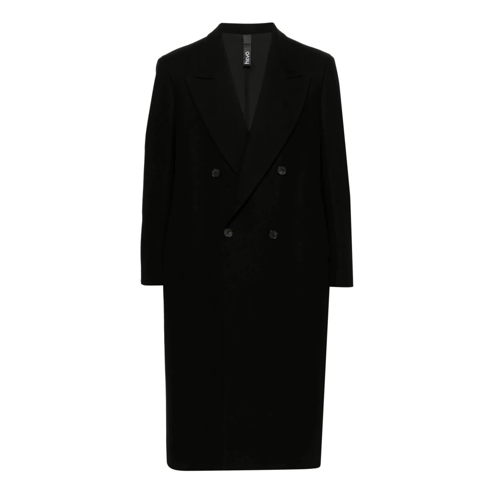 Hevo Zwarte Wollen Jas Lang Dubbel-Breasted Black Heren