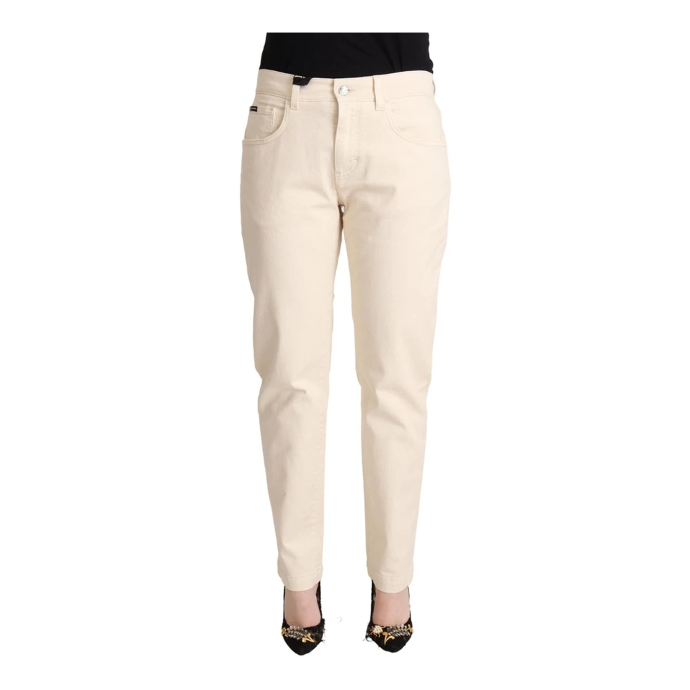 Dolce & Gabbana Women's White Mid Waisted Skinny Denim Jeans With Logo Plaque
