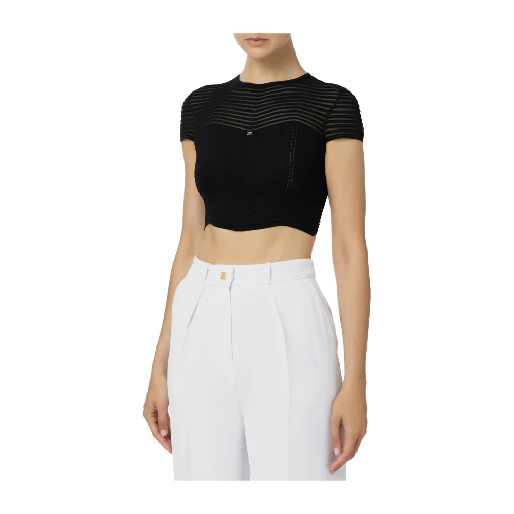 Elisabetta Franchi Chevron Cropped Top met transparante mouwen Black Dames