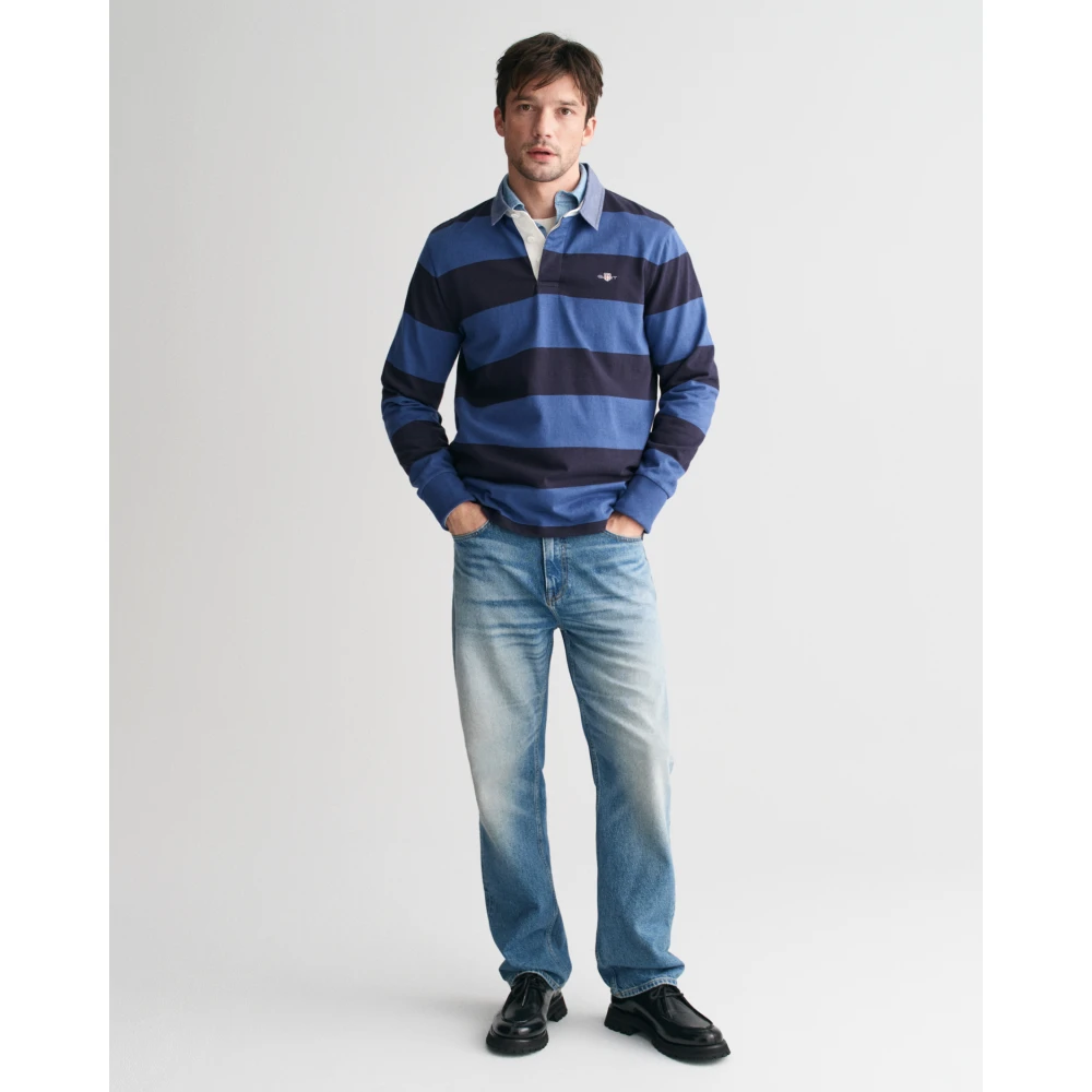 Gant Gestreepte Heavy Rugger met Twill kraag Blue Heren