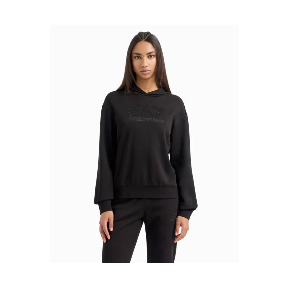 Emporio Armani EA7 Zwarte Sweater met Gekruiste Capuchon Black Dames