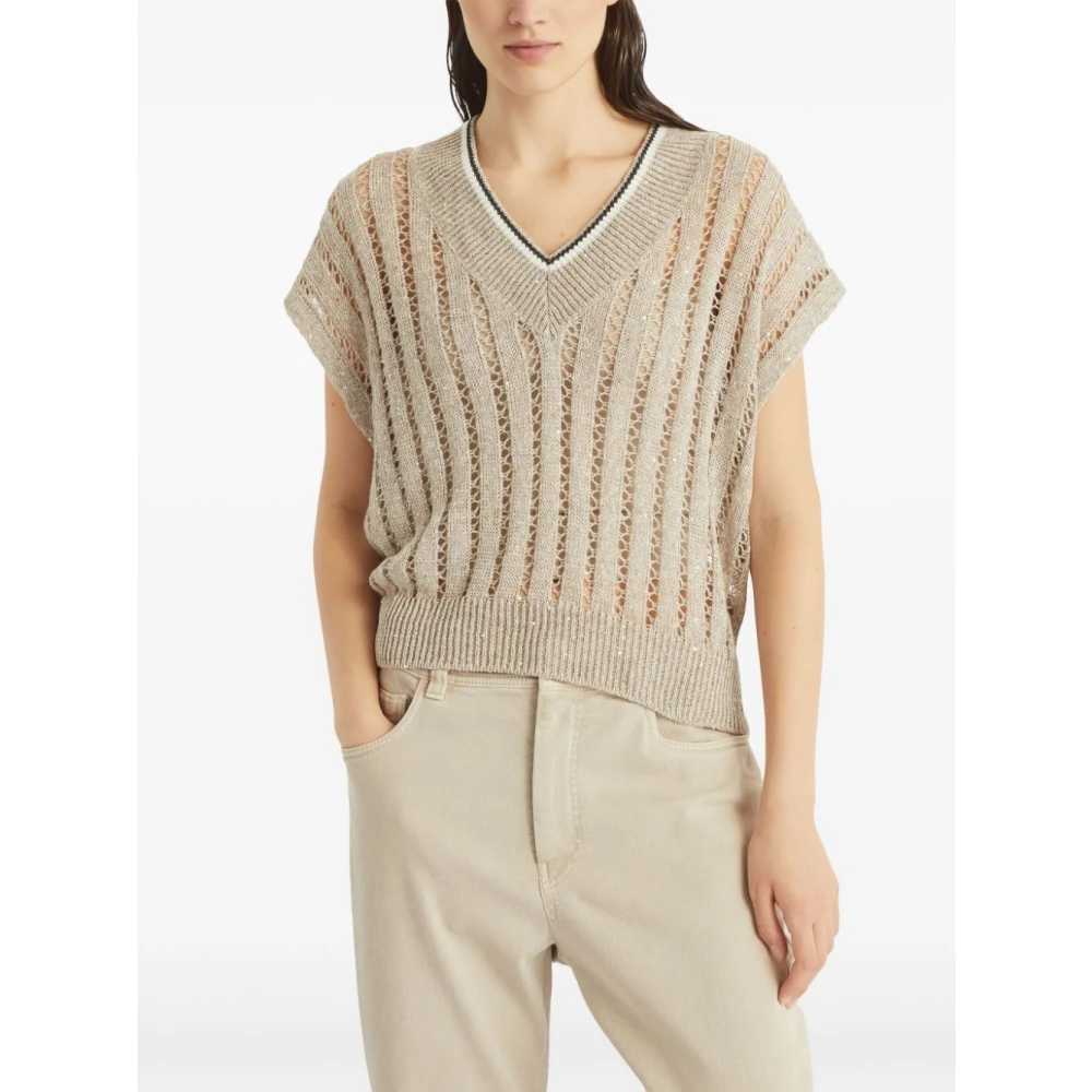 BRUNELLO CUCINELLI Beige Paillet Trui V-Hals Dazzling Gebreid Beige Dames