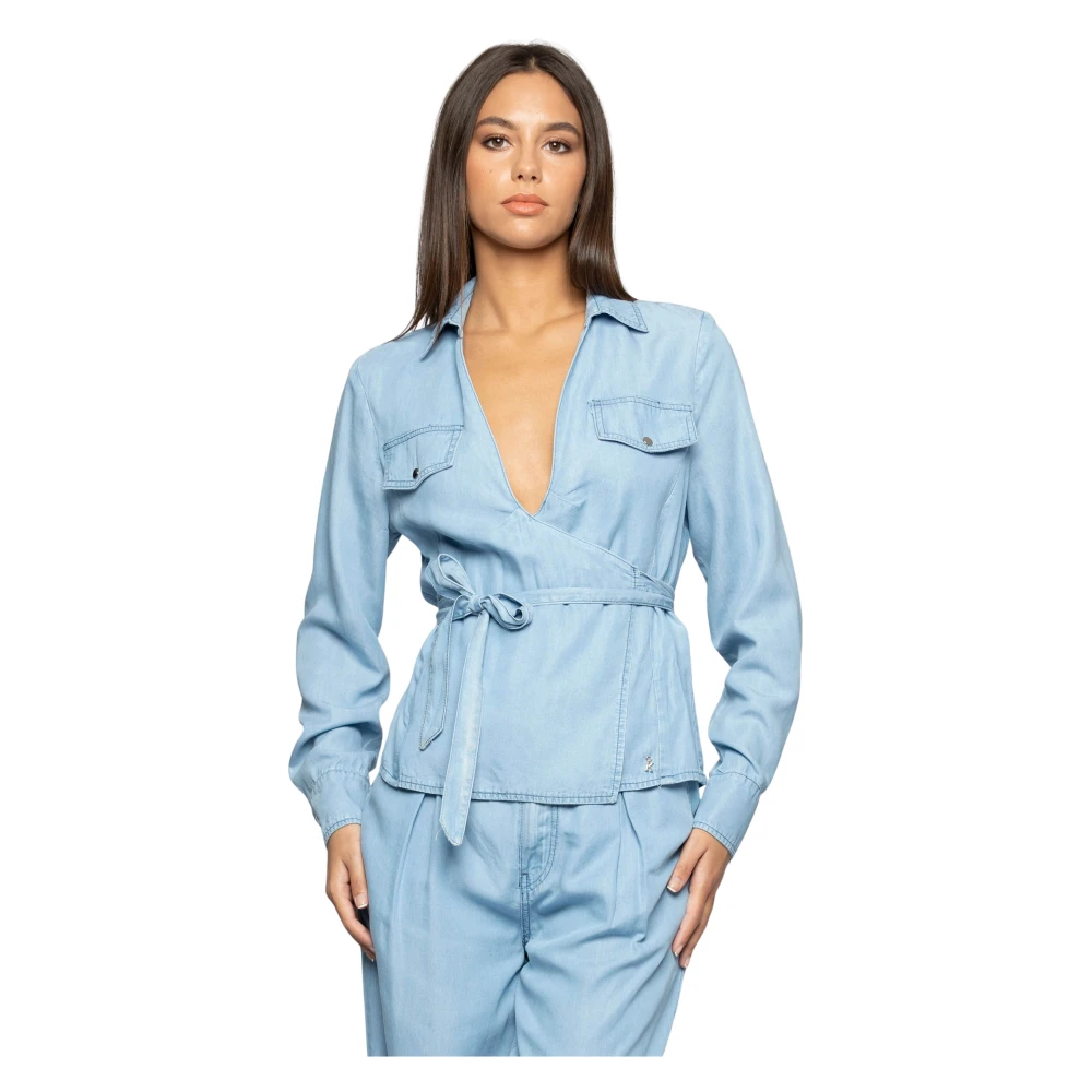 Kocca Women's Blue Wrap V-Neck Lyocell Blouse