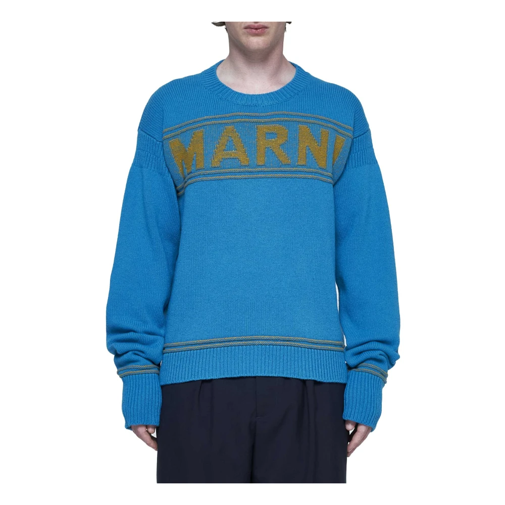 Marni Intarsia Logo Trui Rood Blauw Strepen Blue Heren