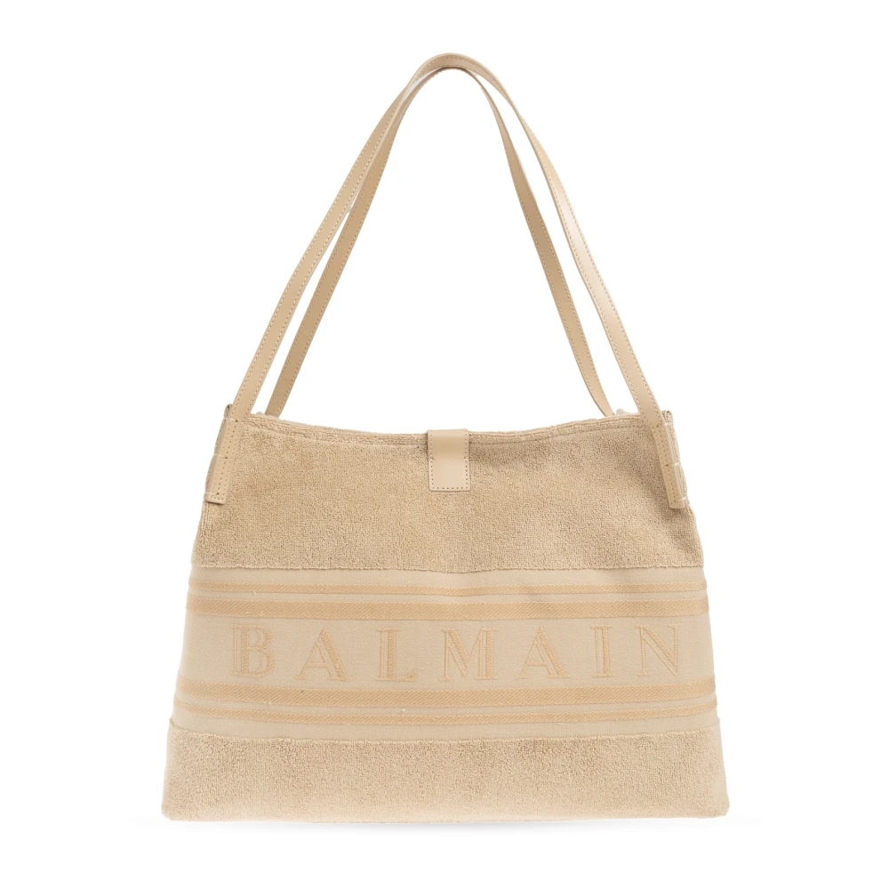 Balmain Donna Beige Borsa Shopper Release Media In Cotone Bouclé - Immagine 2