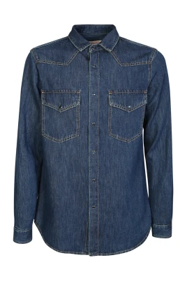 Blå Denim Skjorta med Kontrastsömn