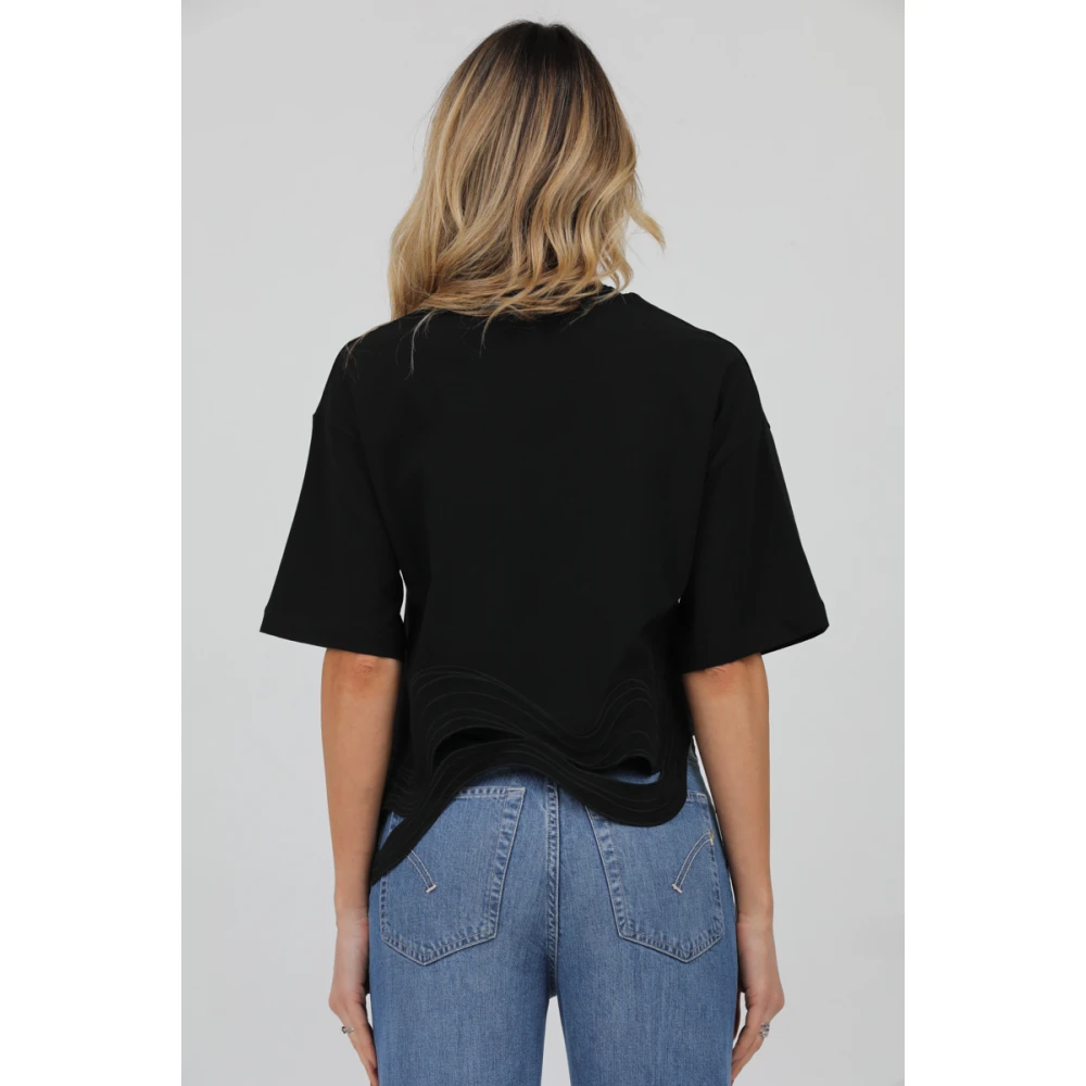 Alpha Studio Geborduurde ronde hals T-shirt met golven Black Dames