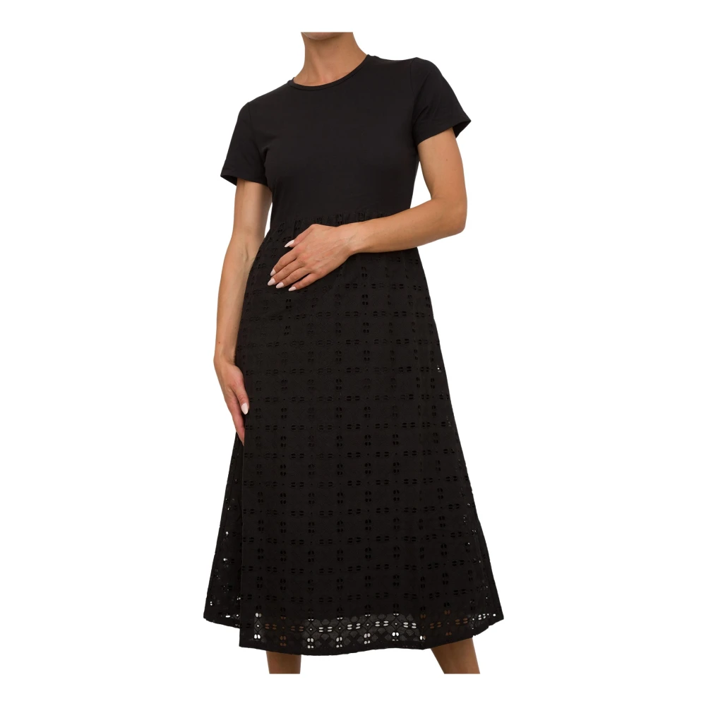 Twinset Jersey Midi Jurk met Korte Mouwen en Geborduurde Poplin Rok Black Dames