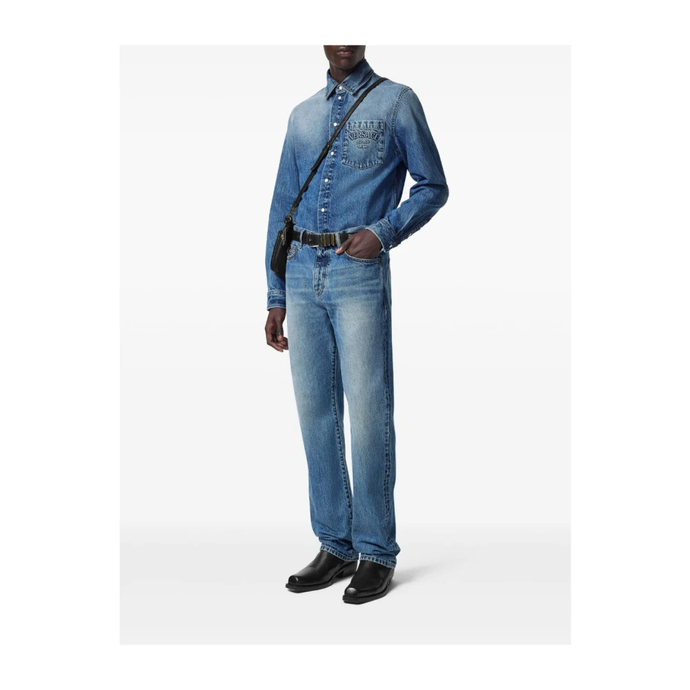 Versace Denim Logo Geëtst Shirt Blue Heren