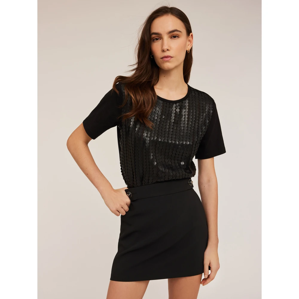 Motivi T-shirt met pailletten gemaakt van gecoate stof Black Dames