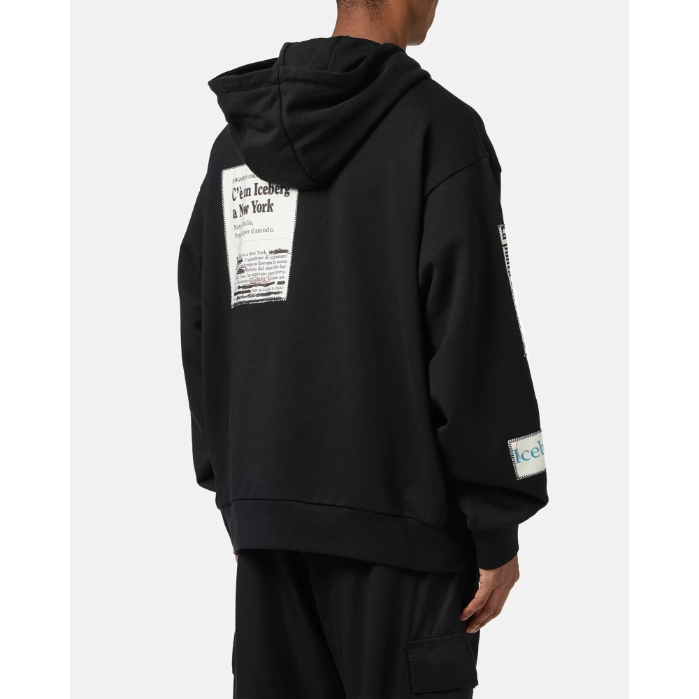 Iceberg Zwarte relaxte pasvorm katoenen hoodie met krantenprint Black Heren