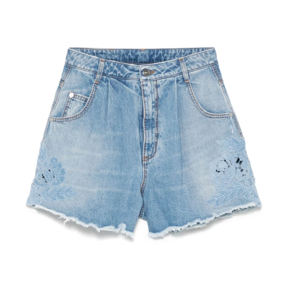 Ermanno Scervino Blauwe Denim Shorts met Bloemenborduursel Blue Dames