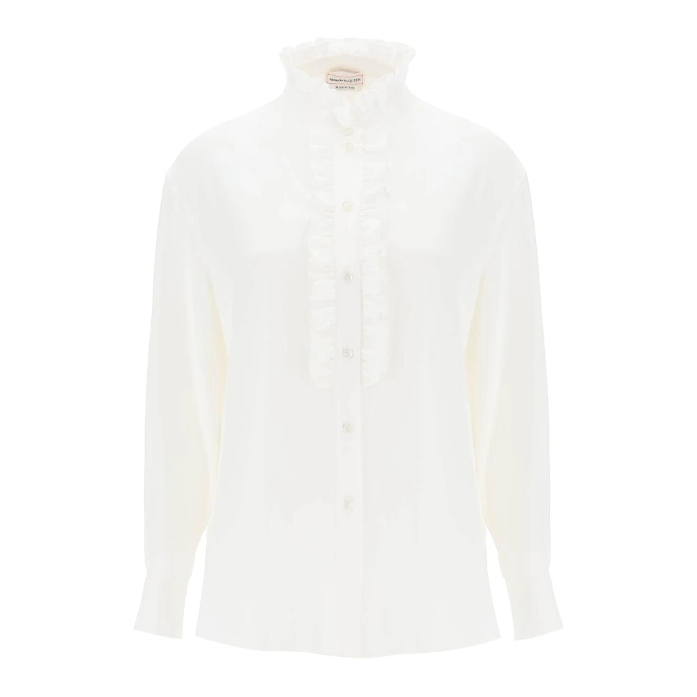 Alexander McQueen Siden satin skjorta med volanger White, Dam
