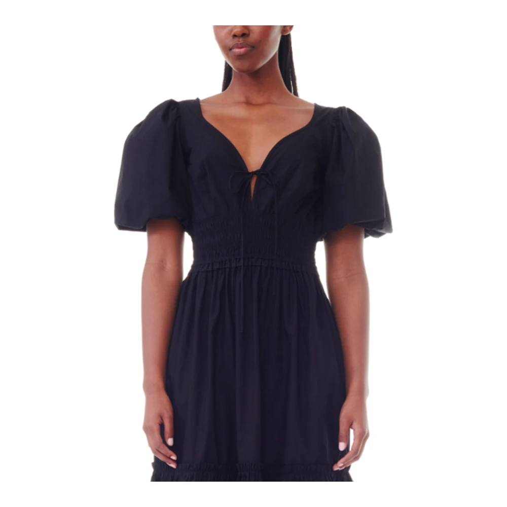 Ganni Zwarte Katoenen V-Hals Jurk Black Dames