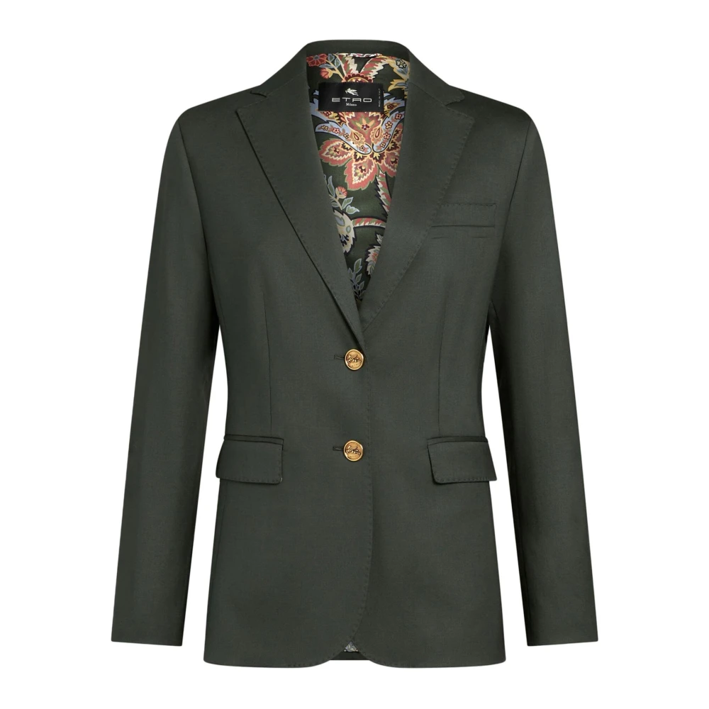 Etro Diagonal Ull Stretch Jacka med Metall Pegasus Knappar Green, Dam